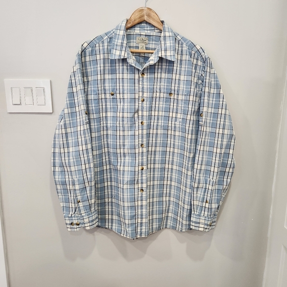 LL Bean Shirt Mens XXL Blue Plaid Long Sleeve Ripstop Outdoor Work Wear VTG - Picture 1 of 12